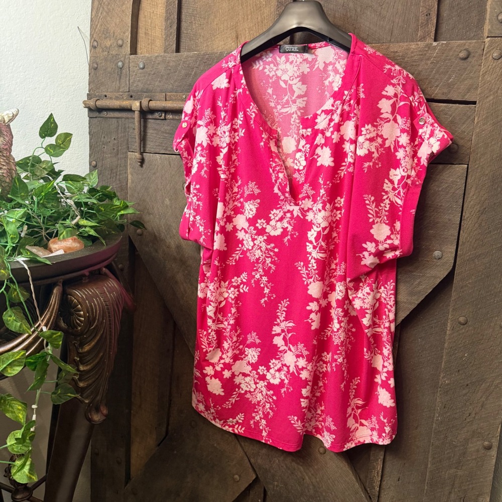 CURE. Floral Print Split Neck Blouse 3XL Pink Boho Summer